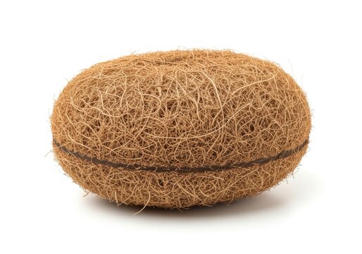 Close-up studio shot of a natural, oval-shaped coir fiber coconut husk hanging planter base, isolated on white background.