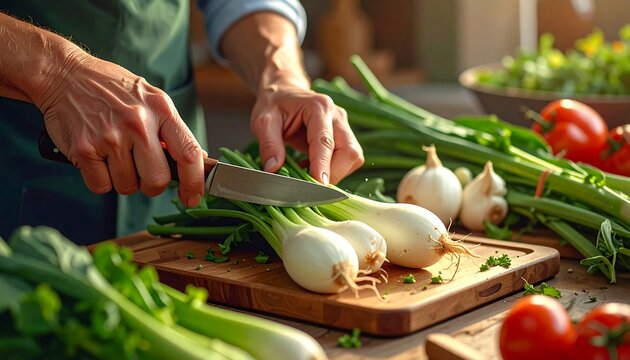 A person in a green apron carefully slices fresh scallions with a knife on a wooden cutting board amidst other vegetables