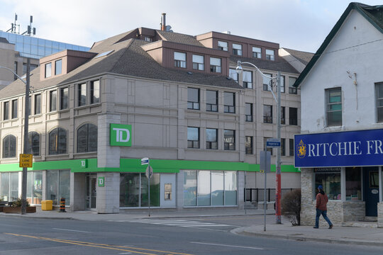 wide view of TD Canada Trust Branch and ATM located at southwest corner of Imperial St and 1966 Yonge St, Toronto