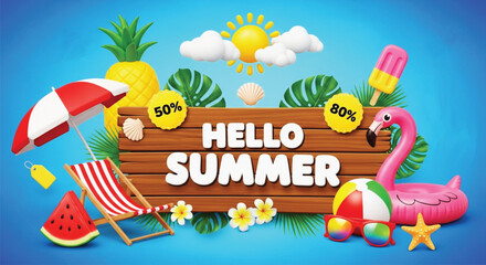 Hello Summer sale banner with 3D elements including flamingo float beach chair and tropical fruits on blue background. © SWEET