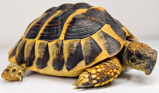 Hermann's Tortoise walking on a white background.