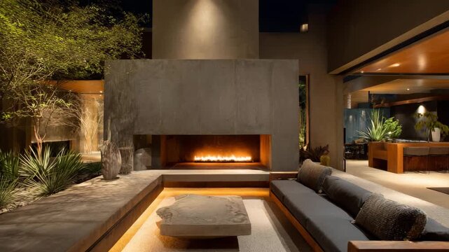 Contemporary outdoor patio showcasing a fireplace with smooth textures modern furniture warm balanced lighting clean uncluttered composition
