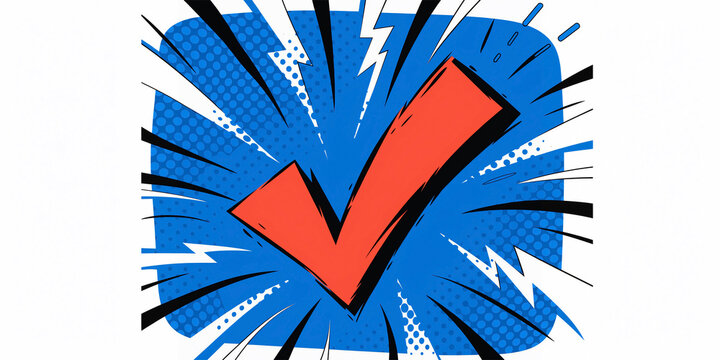 Vibrant pop art comic style red checkmark symbol with dynamic speed lines and blue halftone dot background