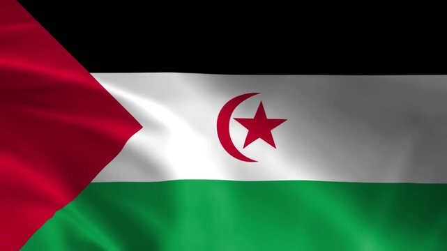 Waving flag of Western Sahara a national symbol of independence and sovereignty depicted with a crescent and star on a tricolor background