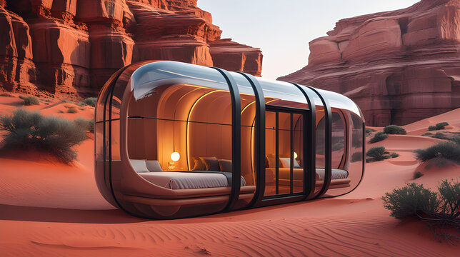 Futuristic luxury capsule hotel in the desert, modern glass cabin architecture, sustainable desert tourism, 3D render.