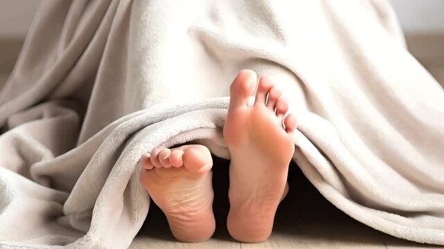 Woman wiggles bare feet under soft white blanket. Concept of relaxing at home in morning. Rest and comfort in bedroom, cozy lifestyle and interior design theme.
