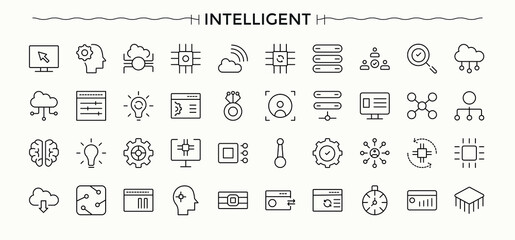 Set of Intelligent line icon. Containing bot, automation, robot, science, digital, technology and more. Minimalist linear icons. Ai simple icon set. Vector illustration.
