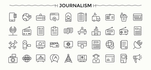 Journalism icon. Modern icons collection. Related to interview, news, newspaper, broadcast, journalist. Vector illustration. Pixel perfect. Newspaper icon set in linear style.