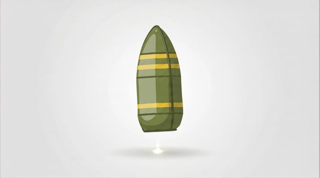 Animated artillery shell stands upright on a clean background, featuring military ammunition details and a realistic shadow for defense, warfare, and weapon themed visuals.
