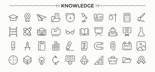 Knowledge icon set. Learning icon set. Outline icons in linear style. Contain linear sign learning, ai, school, idea, learn and more. Editable stroke. Vector collection.
