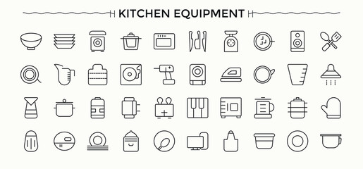 Kitchen Accessory icon set in linear style. Cooking isolated icons. Thin outline icons pack. Culinary icon set. Editable stroke. Vector collection.
