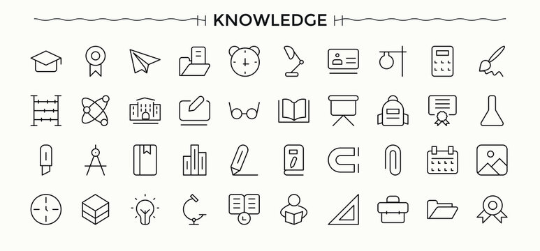 Knowledge icon set. Learning icon set. Outline icons in linear style. Contain linear sign learning, ai, school, idea, learn and more. Editable stroke. Vector collection.