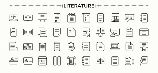Literature icon. Thin linear style icons. Author icon set in linear style. Containing writer, typing, writing and pen, handwriting and more.