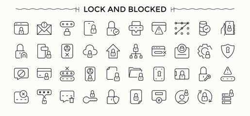 Blocked vector line icon set. Includes thin line symbols protect, safe, lock, block, security and more. Block icon set. Icons for application. Editable stroke. Vector illustration.