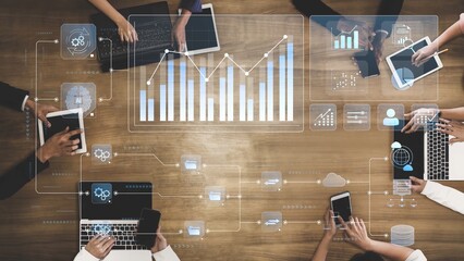 Data flow from database and cloud to processing and analytics dashboards, representing data...
