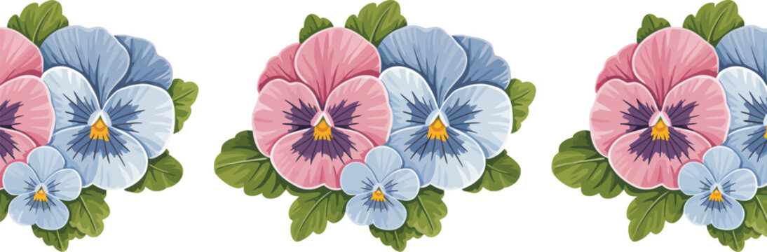 Pink and blue pansy flowers border with green leaves Keywords: floral border, pansies, flowers