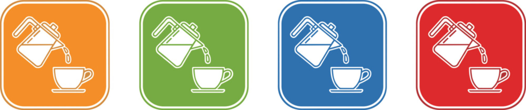 Coffee pot pouring beverage into cup icon set in orange green blue red colorful square button vector.