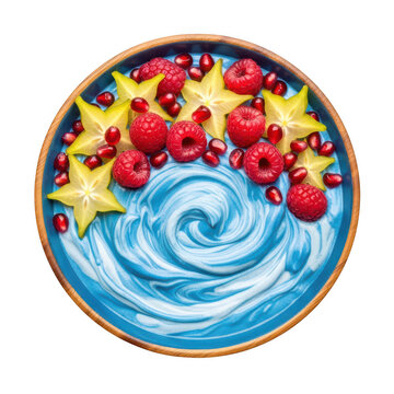 A blue smoothie bowl with starfruit raspberries and pomegranate png