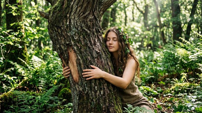 Young woman embracing an ancient tree in a lush green forest, embodying a deep connection with nature and environmentalism