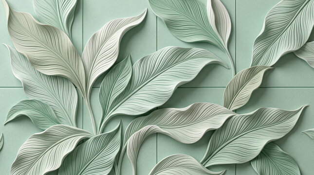 Mint green textured bas relief of large tropical leaves with organic shape with organic pattern with decorative pattern with botanical pattern with organic texture with wall art with relief carving