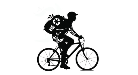 Obraz premium Cyclist with backpack and recycling items a striking black silhouette