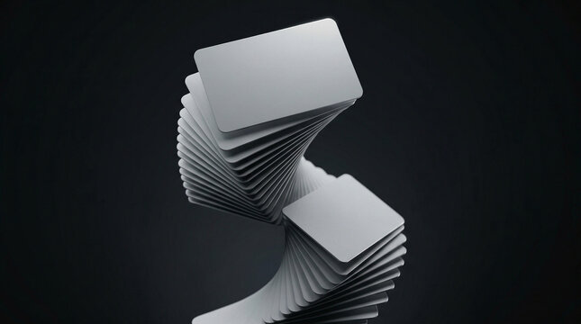 Abstract spiral stack of identical rectangular grey or silver cards or plates creating a dynamic twisting formation on a dark background with business cards
