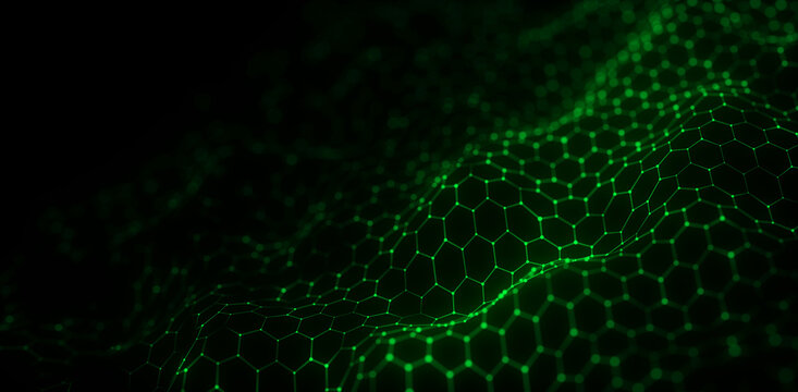Abstract green hexagonal mesh wave on black background. Glowing honeycomb grid forms futuristic digital network. Technology connection concept.