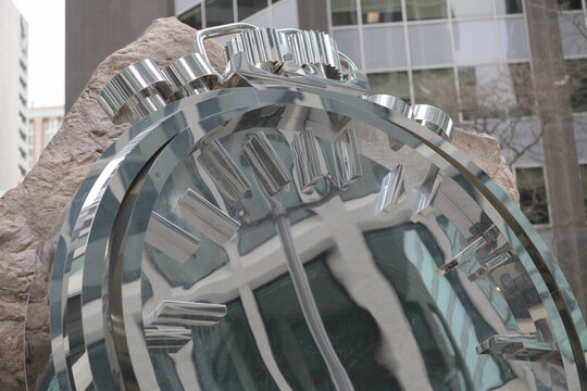detail of Lanterra Developments Ryan Gander public artwork, The Cat, The Clock, and The Rock, Artists&rsquo; Alley condos, 234 Simcoe St, Toronto