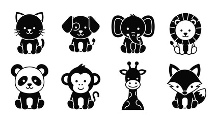 A collection of adorable black silhouette animal icons including a cat dog elephant lion panda monkey giraffe and fox high quality © JASMIN