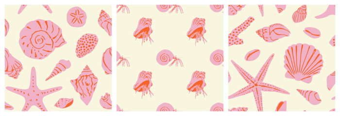 Diverse tropical beach sea shell seamless pattern set. Summer marine animal background design collection. Vacation travel concept. Ocean snail collection flat cartoon backdrop illustration. © Dedraw Studio