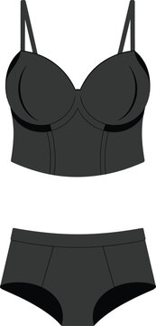 Black silhouette of a sexy women's lingerie set featuring a corset style bustier top and matching high-waisted briefs isolated on white for fashion retail concept.