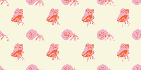 Stoffe zum Nähen Hermit crab sea shell seamless pattern. Summer marine animal background design. Beach vacation travel concept. Ocean wildlife flat cartoon backdrop illustration.