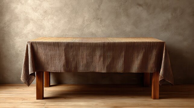 Empty wooden table with bamboo tablecloth over brown wall background. Kitchen mock up for design and product display.