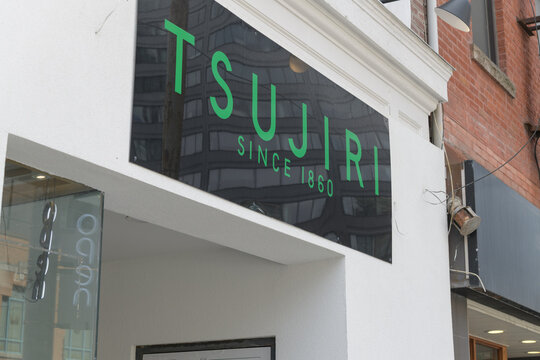 building facade and sign of Tsujiri, a Japanese confectionery shop, located here at 147 Dundas St W, Toronto