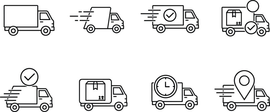 Set of eight delivery truck icons with different symbols showing speed delivery and location tracking.
