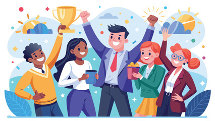 Fototapeta premium A celebratory team raising a trophy amidst confetti, embodying business success, teamwork, and a spirit of achievement and motivation