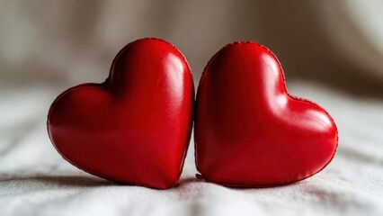 Fototapeta premium Two red hearts leaning together on textured fabric surface
