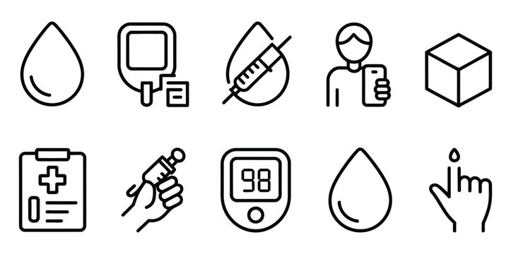 Thin line icons representing diabetes management, including blood glucose testing and insulin injection, vector illustration for medical infographics, healthcare apps, and patient education materials.
