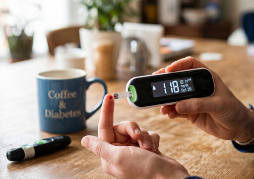 A doctor's gloved hands measure a person's blood sugar with a glucometer