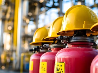 Fototapeta premium Close-up of fire extinguishers and safety helmets in an industrial setting, emphasizing workplace safety and equipment readiness.