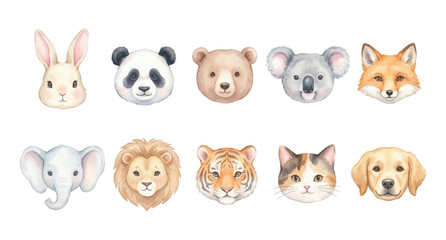 Obraz premium Watercolor Animal Face Clipart Set — 10 Cute Wildlife & Pet Portrait 