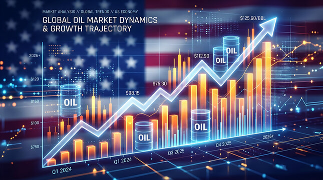 Global Oil Market Dynamics and Growth Trajectory Analysis with Financial Chart and American Flag