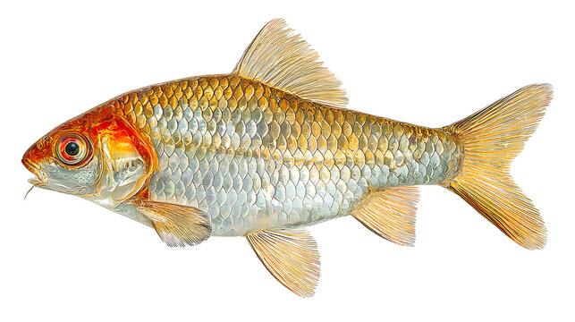 Golden shiner fish captured in full side profile, detailed scales and natural texture, isolated on white background