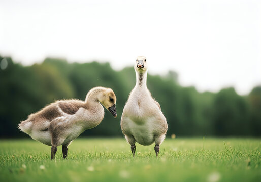 Two young goslings graze peacefully in a lush green field displaying their soft downy feathers and curious nature on a bright day