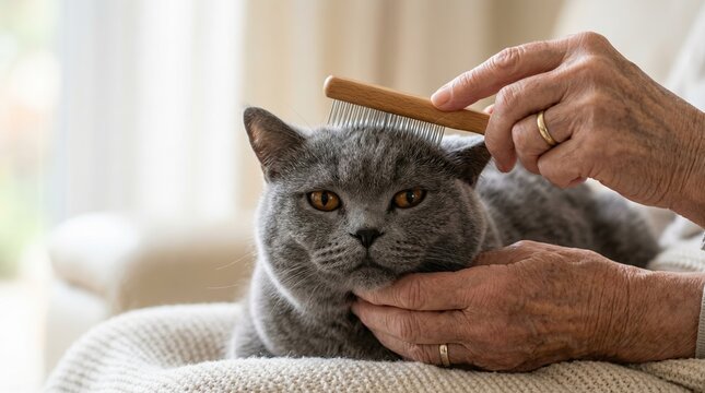 Close up of senior hands brushing gray cat showing grooming care and calm emotional interaction in home interior