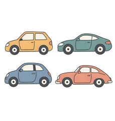 Obraz premium Four cars are displayed on a plain white background. Each car has a different design and color, showcasing variety in automotive styles. The cars vary in shape and form