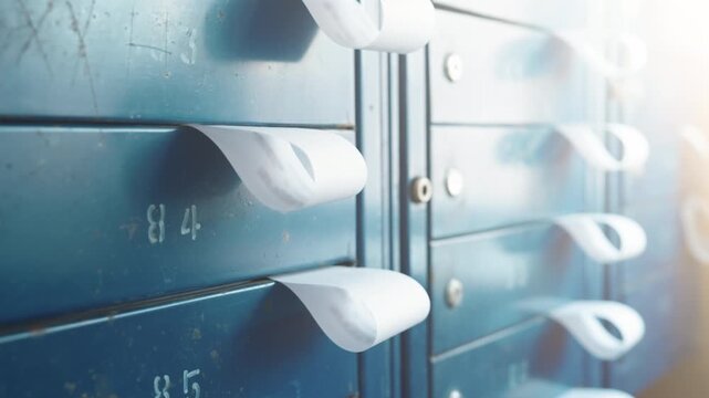 Close-up of Blue Metal Mailboxes with Protruding Utility Bills Paper | Concept of Monthly Payments and Living Costs | Household Bills in Post Boxes of Residential Building