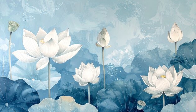 serene watercolor lotus flowers in misty blue mountain landscape painting