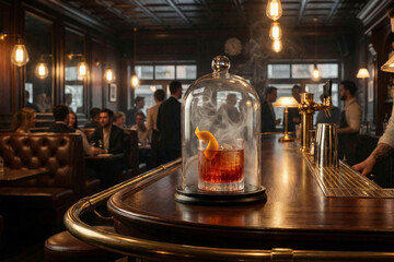 Obraz premium Cóctel ahumado bajo campana de cristal en la barra de un bar clásico de lujo