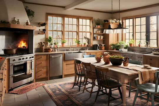 Cocina r&uacute;stica estilo r&uacute;stico con mesa de madera, chimenea encendida y luz natural